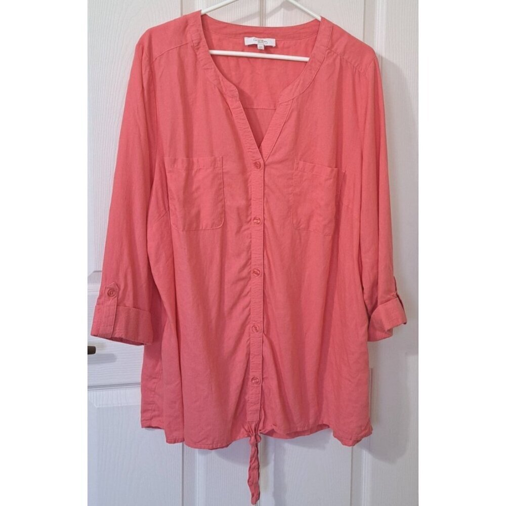 Coral Bay Woman 3X Peach Long Sleeve Linen Blend Button Front Beach Resort Summe